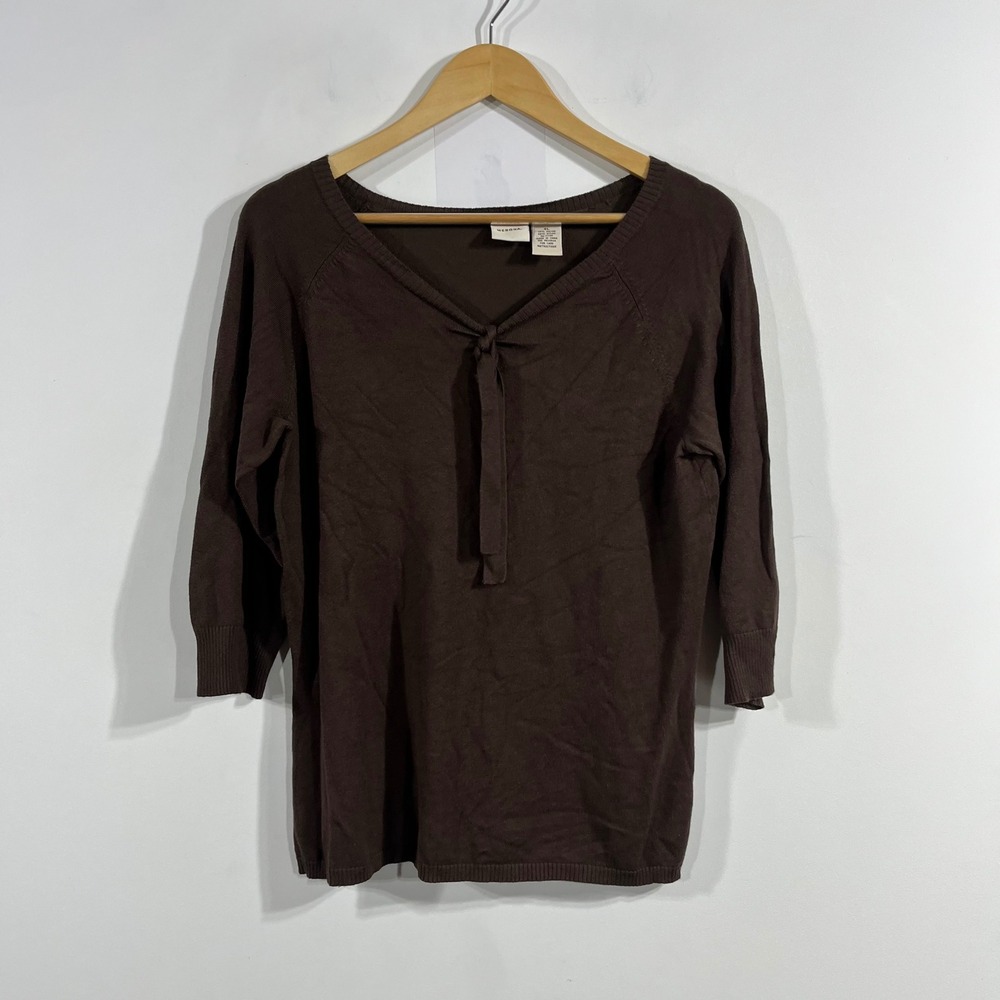 Merona Y2K Twee Old Money Preppy Brown Grunge Tie Front 3/4 Sleeve Top Womens XL